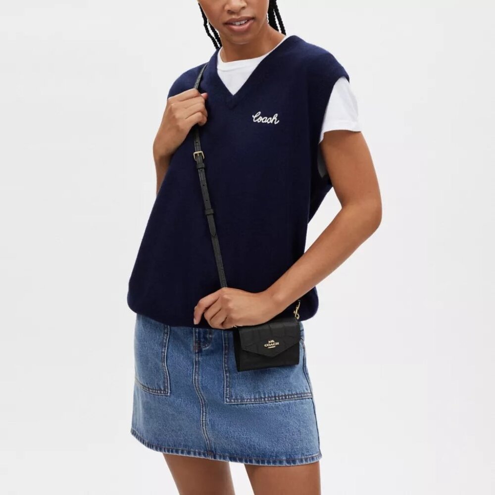 Coach Mini Envelope Wallet Croc Embossed Leather with Strap in Black NWT - Picture 4 of 4